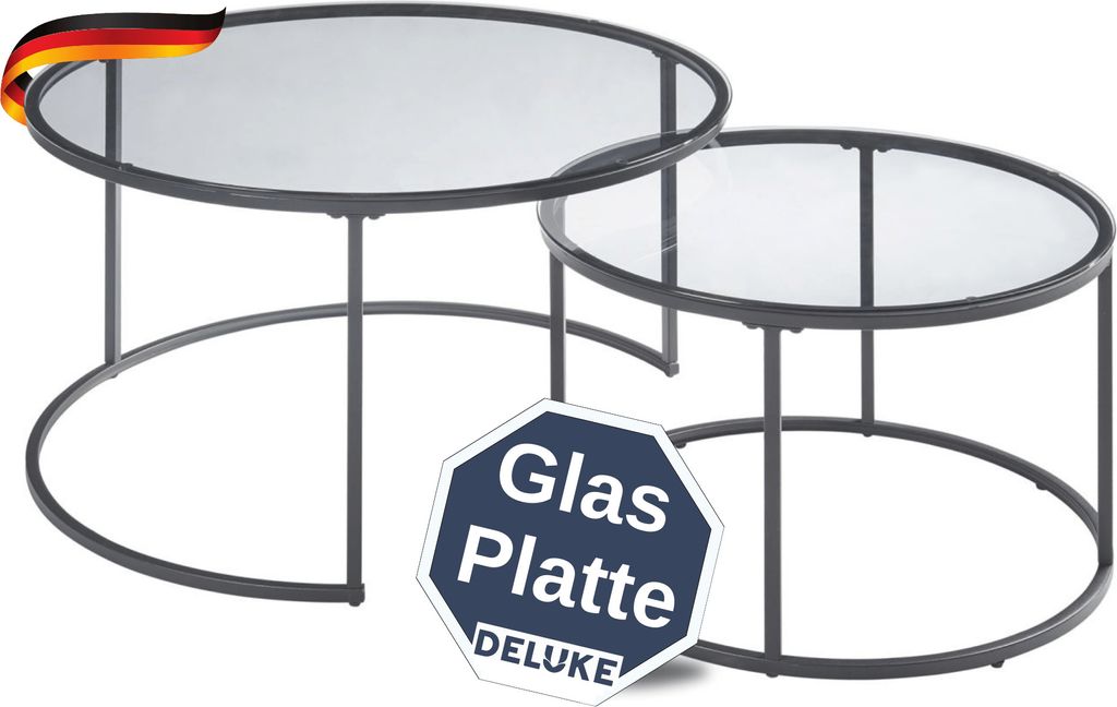 DELUKE® Couchtisch Glas LENO 2er Set - runder Beistelltisch Produktbild 1