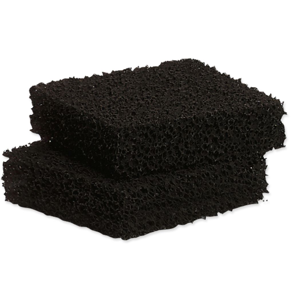 Two black porous sponges stacked on a white background.