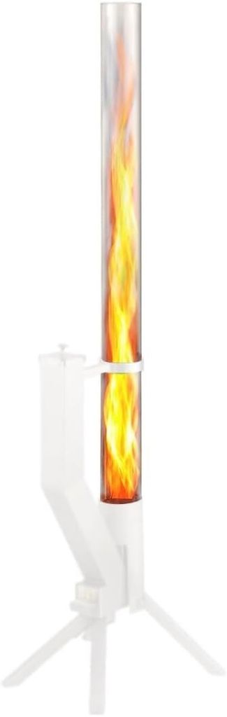 A white tripod stand with a glass cylinder containing a flame.