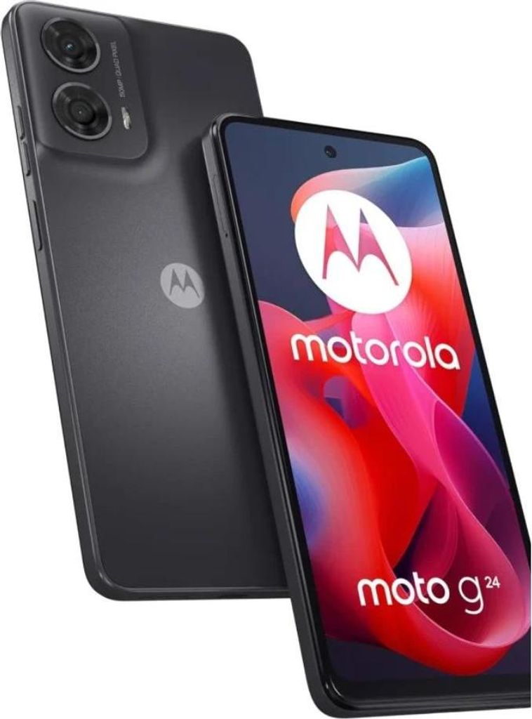 A black Motorola Moto G24 smartphone is shown diagonally with its screen facing the viewer, displaying the Motorola logo and product name.