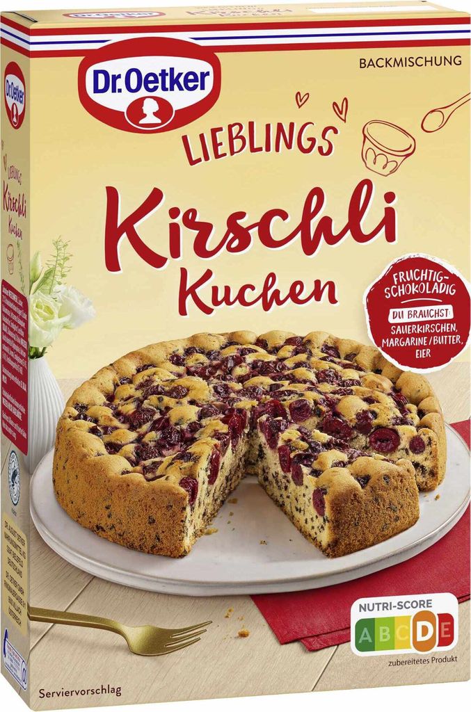 A box of Dr. Oetker cherry cake baking mix with a picture of the finished cake.