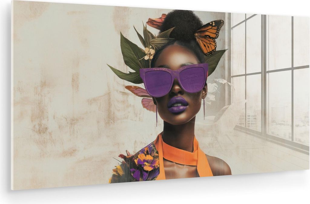 MuchoWow Glasbilder - Bilder auf Wandbild - Foto auf Glas Frau - Sonnenbrille - Schmetterling - Blumen 40x20 cm Wanddekoration aus Glas - Acrylglas...