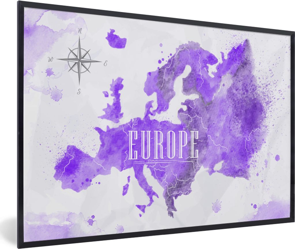 MuchoWow MuchoWow Gerahmtes Poster Europa - Weltkarte - Farbe 30x20 cm - Poster mit zchwarzem Bilderrahmen - Kunstdruck - Bild-Poster