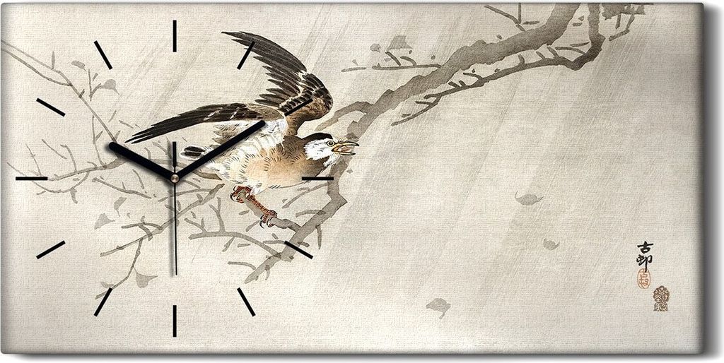 Wandbild Leinwand Bilder mit Uhr 60x30 Malerei Zweig Tier Vogel Asiatische - schwarze Hände