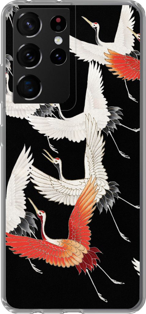 MuchoWow Handyhülle Schutzhülle Hülle für Telefoonhoesje Samsung Galaxy S21 Ultra Japandi - Kranich - Rot - Weiß Silikon Softcase Handy Hül...