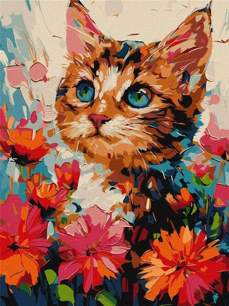 Occupez vos soirées avec la Peinture par numéros Chat en fleurs 30x40cm DIY