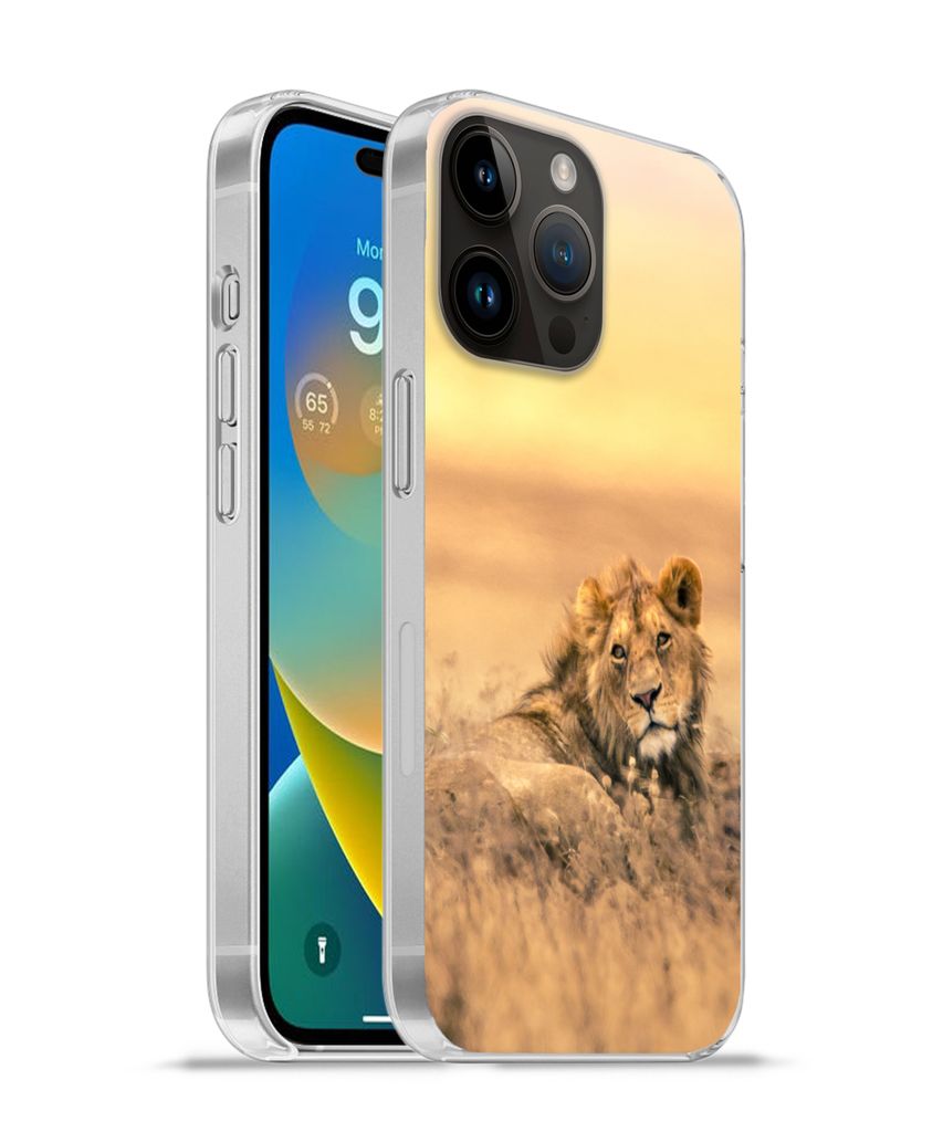 MuchoWow Handyhülle Schutzhülle Hülle für Apple iPhone 14 Pro Max Löwen - Gras - Himmel Silikon Softcase Handy Hülle - Hardcover