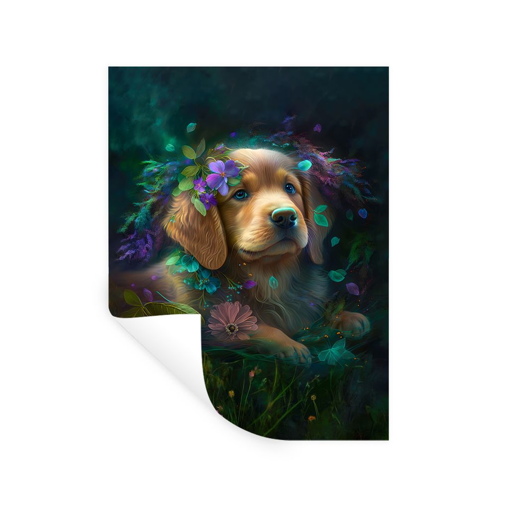 MuchoWow Wandtattoo Wandsticker Wandaufkleber Hund - Welpe - Blumen - Natur - Golden Retriever 120x160 cm Selbstklebend und Repositionierbar - Wi...