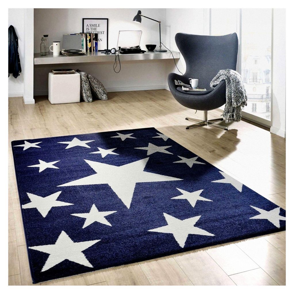 Teppich Kurzflor Sterne Himmel Modern Blau Weiß für Jugendzimmer und Wohnzimmer, Maße: 120x170 cm