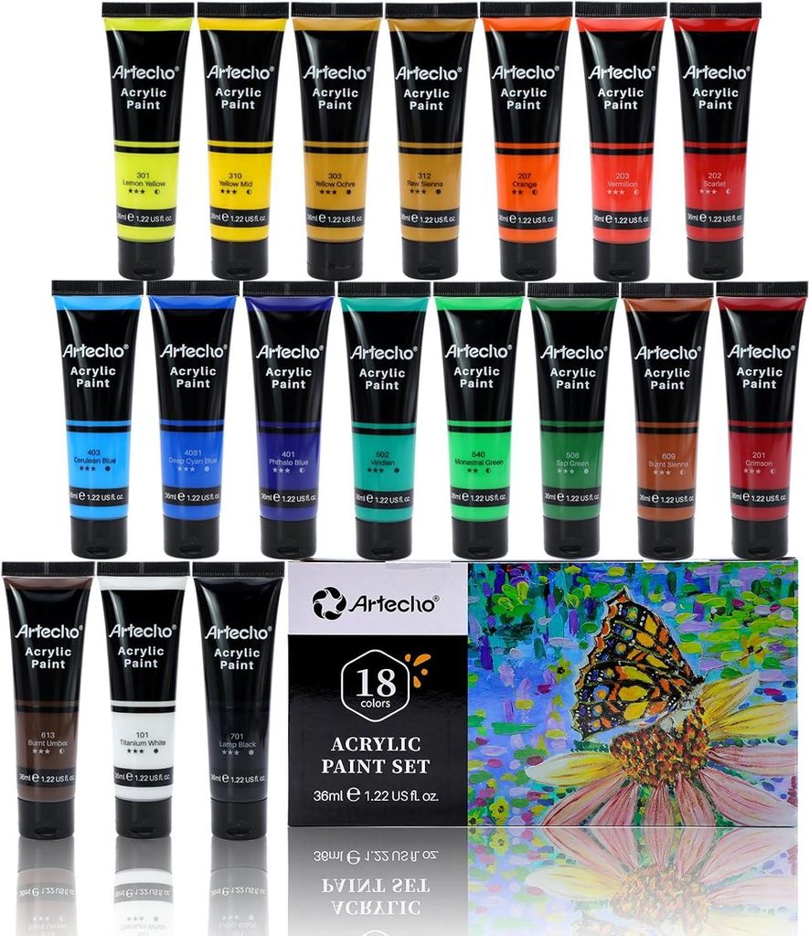 Artecho Acrylfarben Set 18 x 36 ml Tuben – wasserfest & Produktbild 