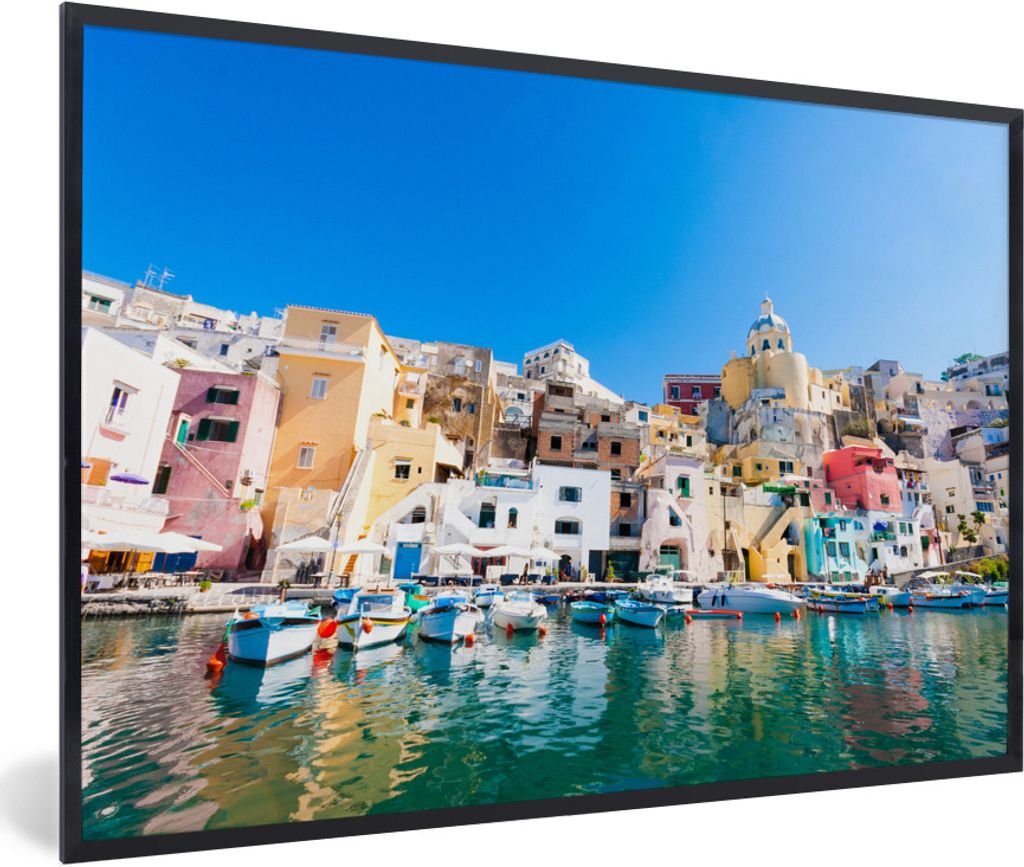 MuchoWow Gerahmtes Poster Boot - Haus - Hafen - Italien 30x20 cm - Poster mit Schwarzem Bilderrahmen Wandposter Rahmen Foto Bilder - Kunstdruck -...