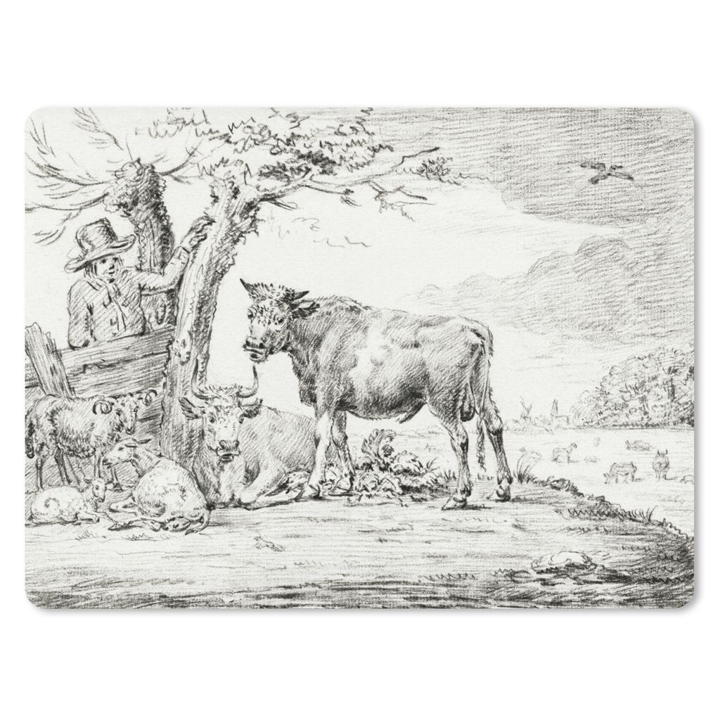 MuchoWow Mauspad Mousepad Landwirt am Zaun und Kühe - Gemälde von Jean Bernard 40x30 cm - Mousepads - Maus Mat - Pad - Mausunterlage - Anti Rutsch