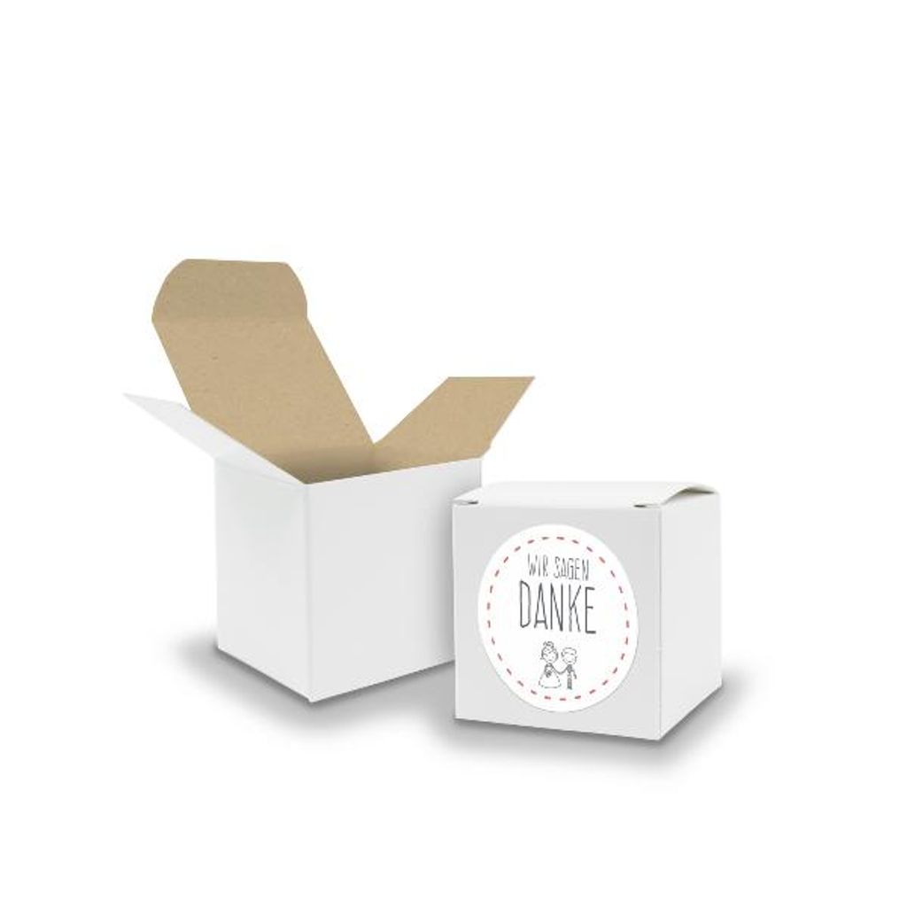 SET Wir sagen Danke (Motiv27) 24x Faltschachtel Würfel 5cm weiß innen braun+Stic
