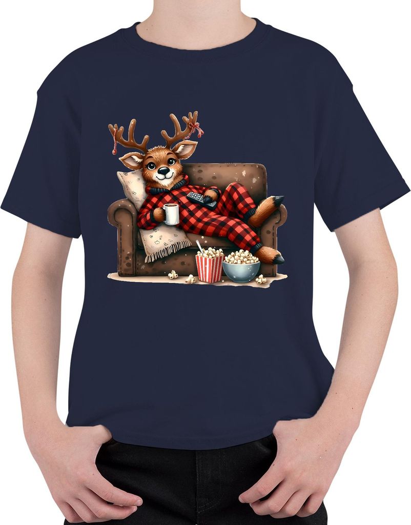 Faules Rentier Weihnachten Kinoabend Popcorn Pyjama Kuschelig Uni Kinder T-Shirt, Navy, 128