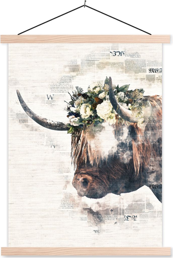 MuchoWow Textilposter Scottish Hochlandrind - Blumen - Zeitungsartikel 40x53 cm mit holzfarbenen Rahmen - Schlafzimmer