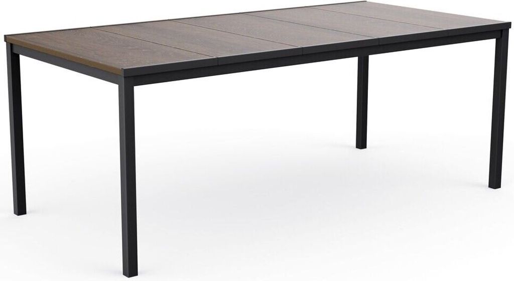 A rectangular outdoor dining table with a brown wood-look tabletop and black metal legs, shown against a white background.