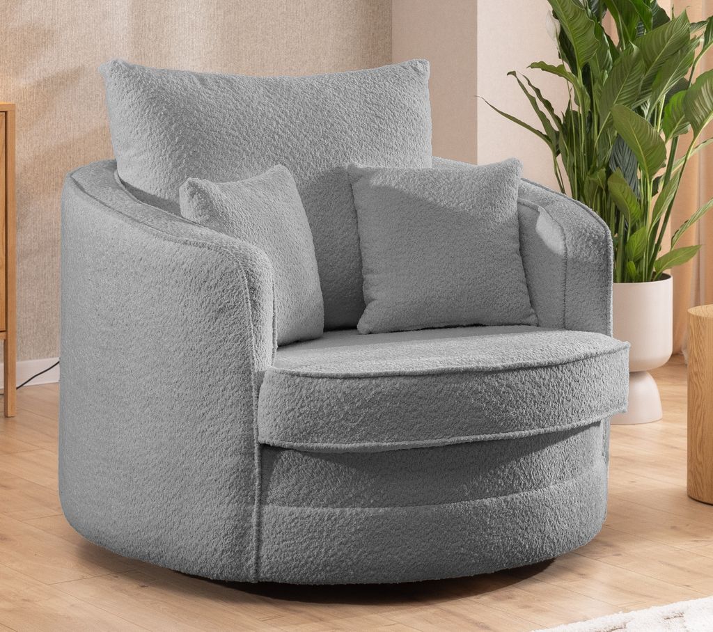 S-STYLE MÖBEL - Ted - Drehsessel Love Seat XXL 360 Grad drehbar aus Grau Boucle-Stoff