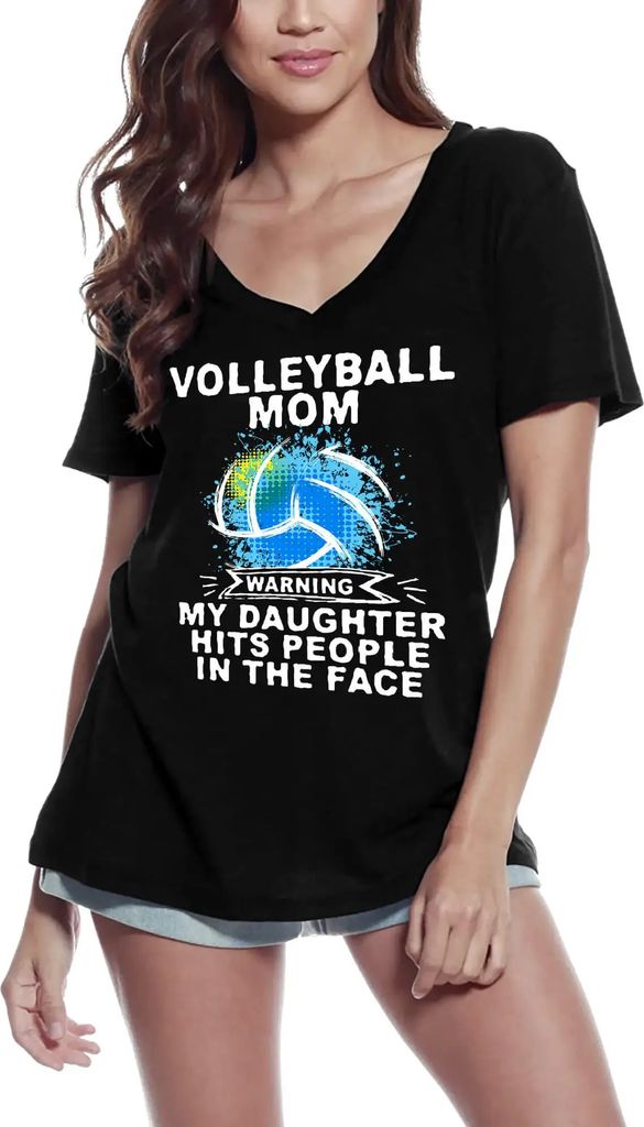 Damen Grafik T-Shirt V-Ausschnitt Volleyball-Mama - meine Tochter schlägt Leuten ins Gesicht – Volleyball Mom - My Daughter Hits People In The Face