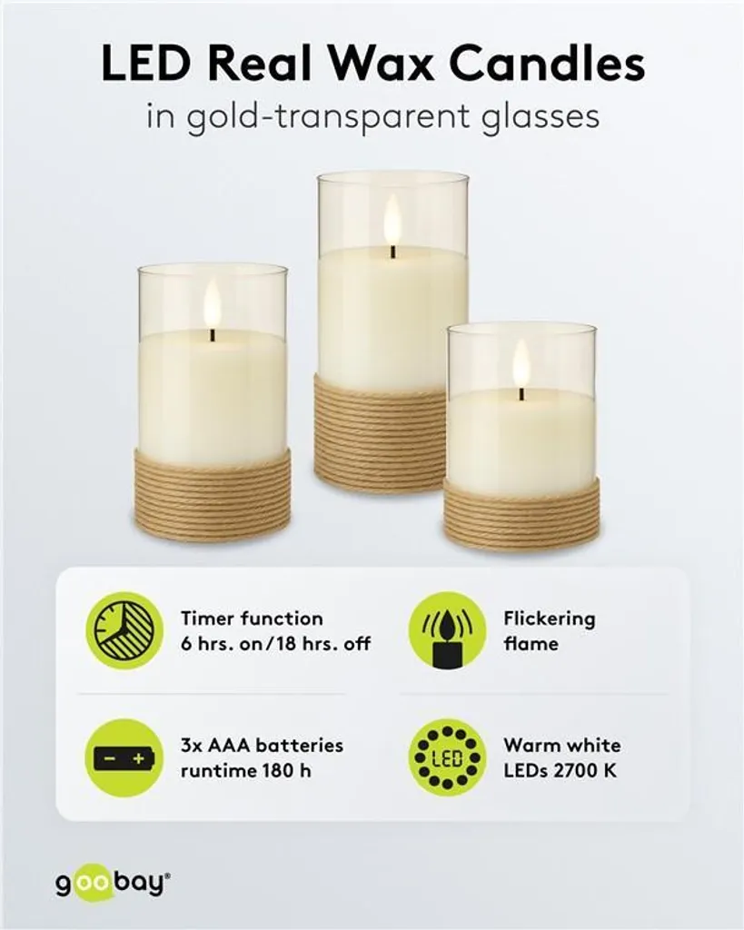 Goobay 77773: 3 Candele LED Vetro e Vera Cera - Risparmio e Durata - 13