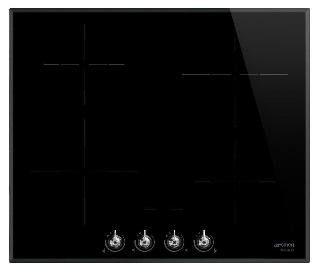 A black induction hob with four cooking zones and four control knobs at the bottom.