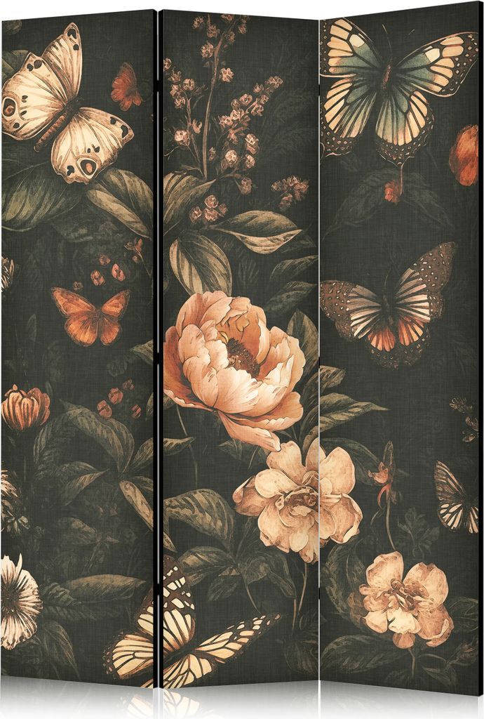 3-teiliger Einseitiger Vlies Paravent - Mysterious Garden - Butterflies Flying Over Flowers - Rustic Evening 135x172 cm Blumen b-H-10019-z-a