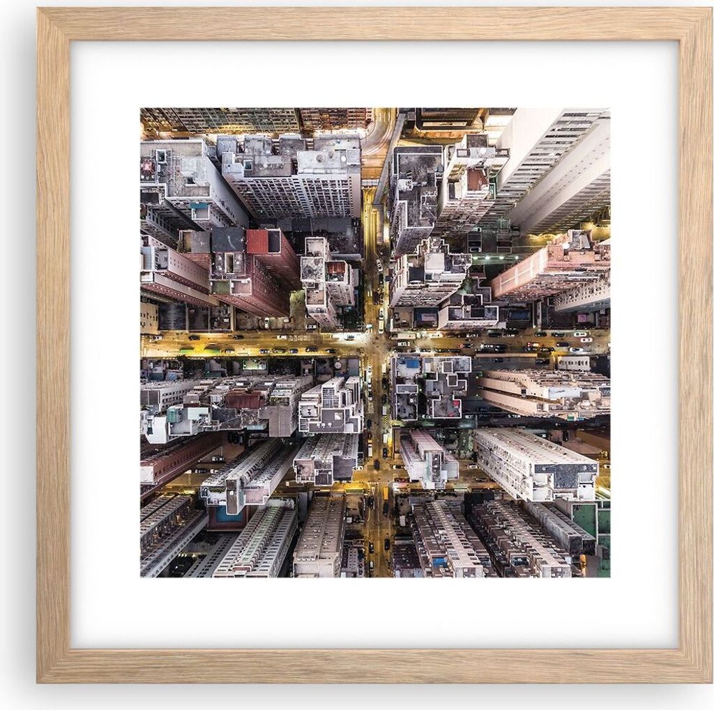 Gerahmtes Poster - Rahmen in heller Eiche - Metropole Luftaufnahmen Straße - 30x30 cm - Wand Bild - Wanddeko - Wandbilder - Kunstposter - Wandpost...