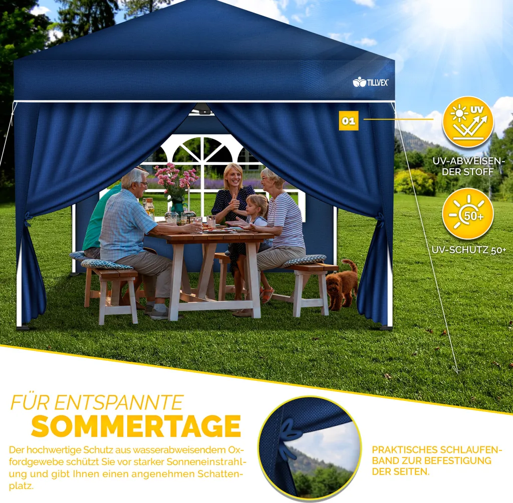 tillvex Pannelli Laterali Gazebo 3x3 Blu | Kit 2 Pezzi Finestra e Zip - 3
