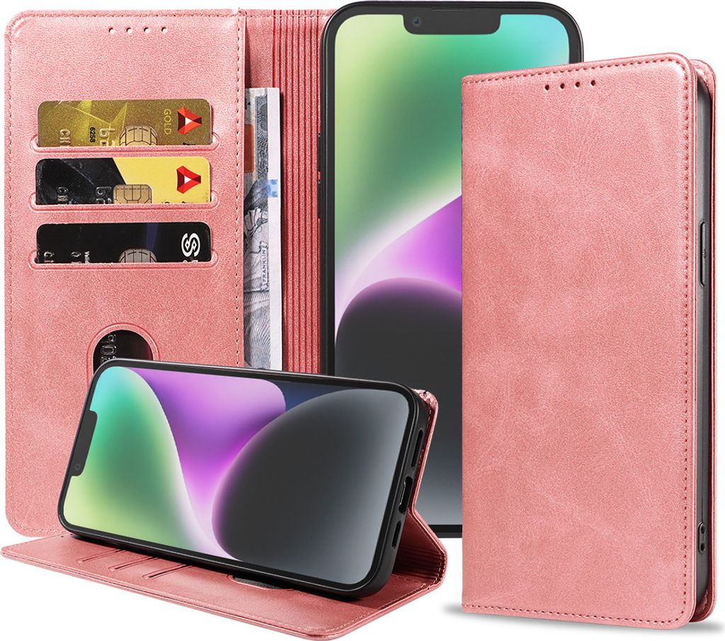 Smartphonica iPhone 14 Kunstledertasche mit Magnetverschluss und Kartenhaltern Buchhülle - Rosa