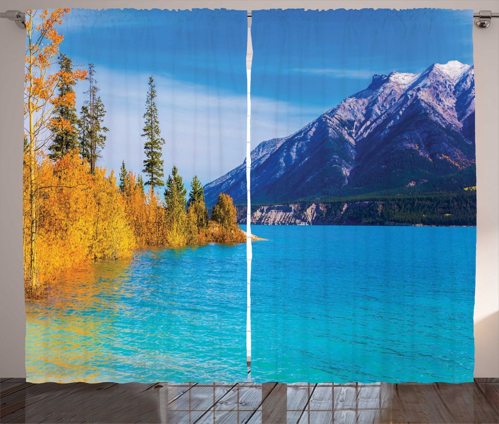 ABAKUHAUS Espe Rustikaler Vorhang, Abraham Lake Berge, Wohnzimmer Universalband Gardinen mit Schlaufen und Haken, 280 x 225 cm, Azur blau Ringelblume