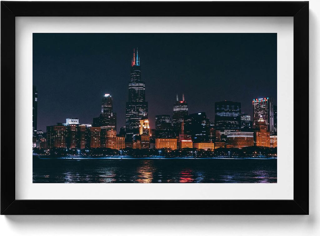 Stadtbild Chicago– Wandbild mit Rahmen – Gerahmtes Bild – Wanddekoration – 30x20 cm – Schwarz Rahmen