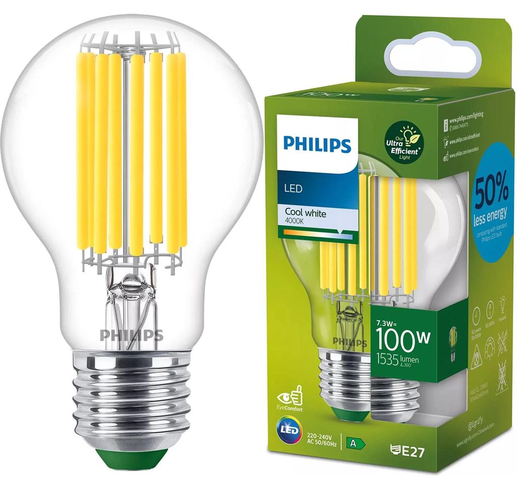 Philips Filament-Lampe, transparent, 100W A60 E27, 7,3 W, Produktbild 