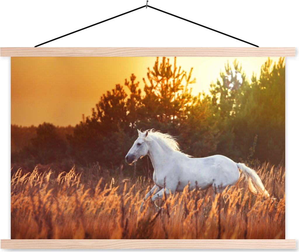 MuchoWow Textilposter Pferd - Gras - Baum - Sonne 120x80 cm mit holzfarbenen Rahmen - Aufhängeset