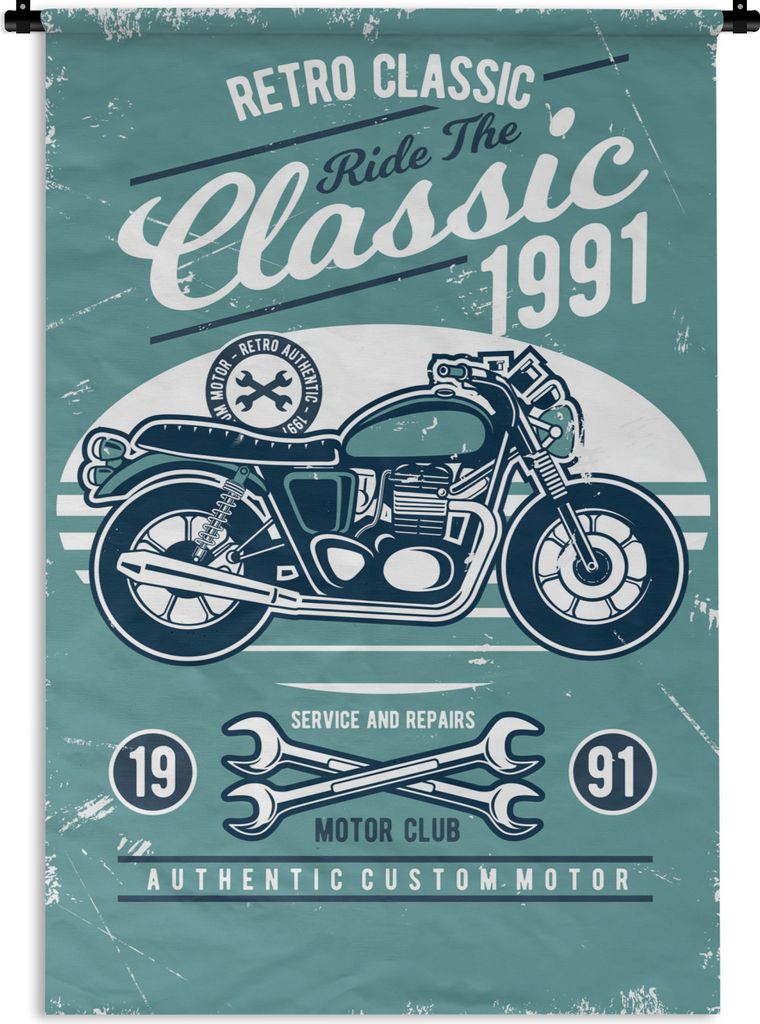 MuchoWow Wandteppich Wandbehang Motorrad - Werkzeuge - Vintage - Zeichnung 60x90 cm Tapisserie Dekoration Wandtuch - Foto-Teppich - Abwaschbar