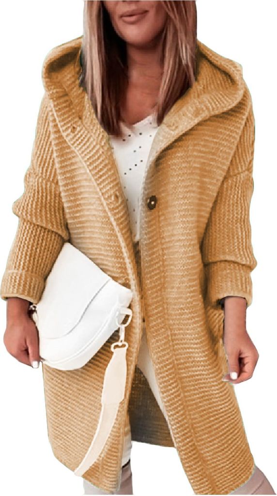 ASKSA Damen Strickjacken Strickmantel Warm Langarm Einfarbig Sweatshirt Grobstrick Hoodie Strickcardigan Mit Kapuze (Gelb,M)