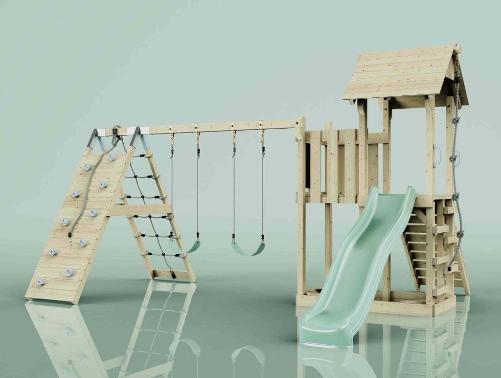OutdoorToys Spielturm Roskilde aus Holz in Grün Kinderschaukel
