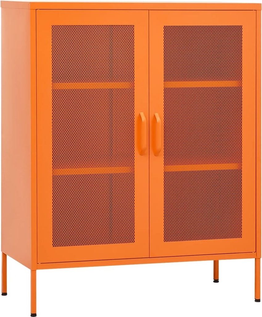A front view of an orange metal storage cabinet with two doors and four legs, set against a white background.