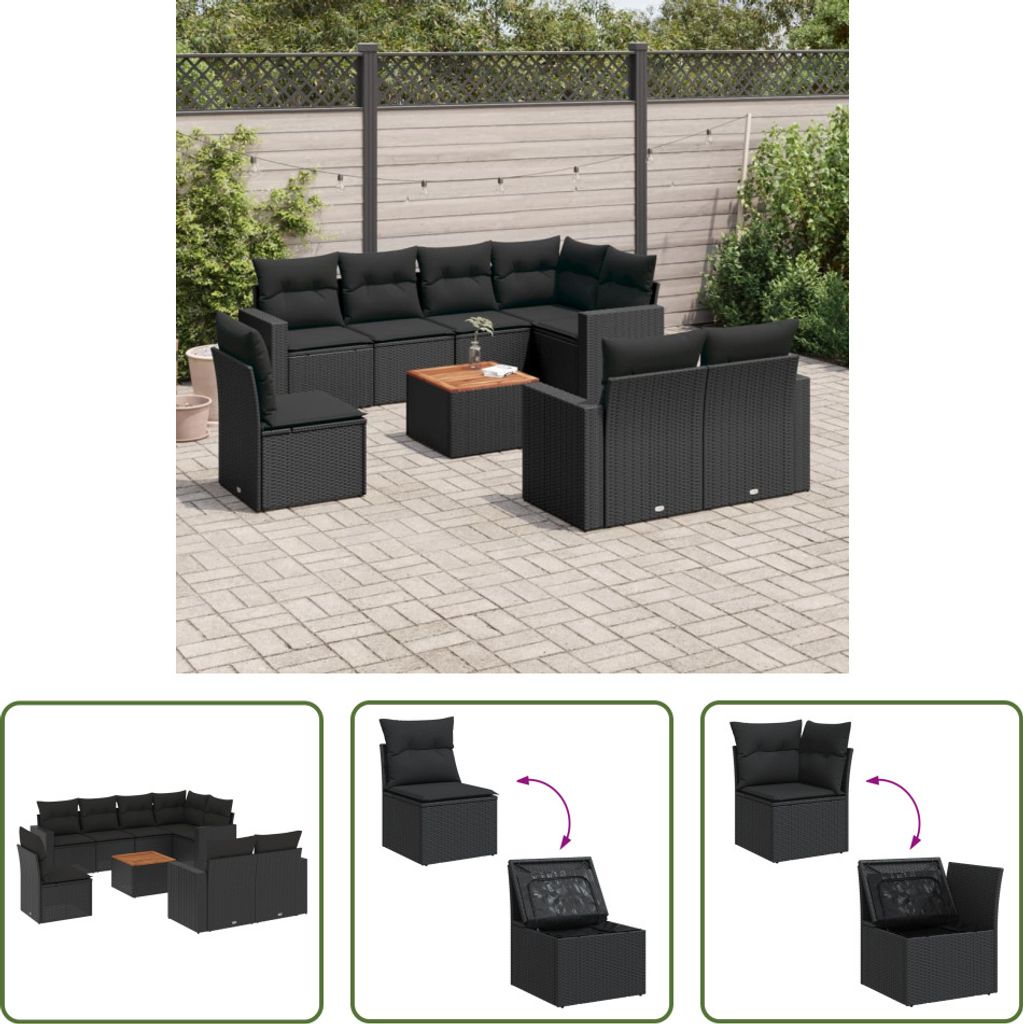 The Living Store 9-tlg. Garten-Sofagarnitur mit Kissen Schwarz Poly Rattan