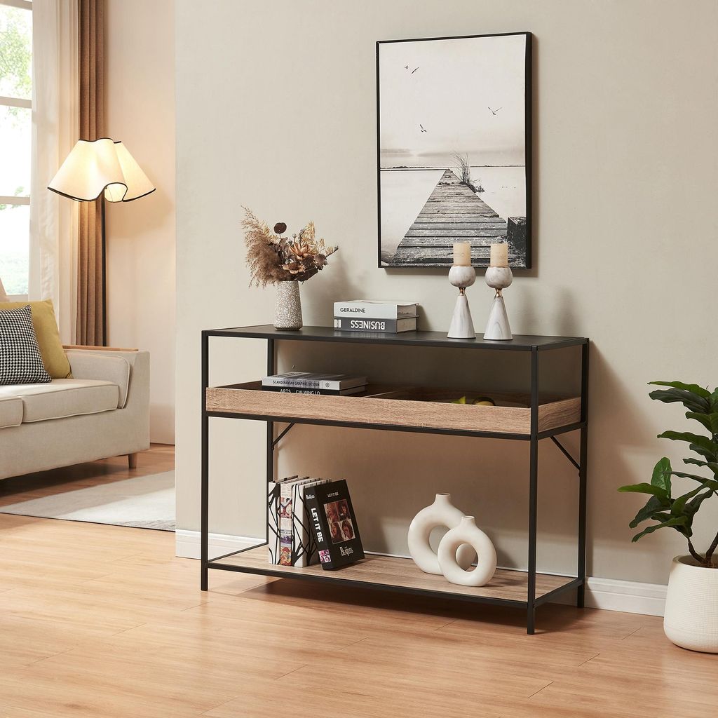 Konsolentisch 'Belana' Flurtisch 110 x 40 x 80 cm mit 2 Fächern und 1 Ablage Metallgestell Schwarz/Eicheoptik