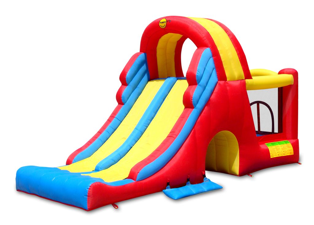 A colorful inflatable slide and bounce house.