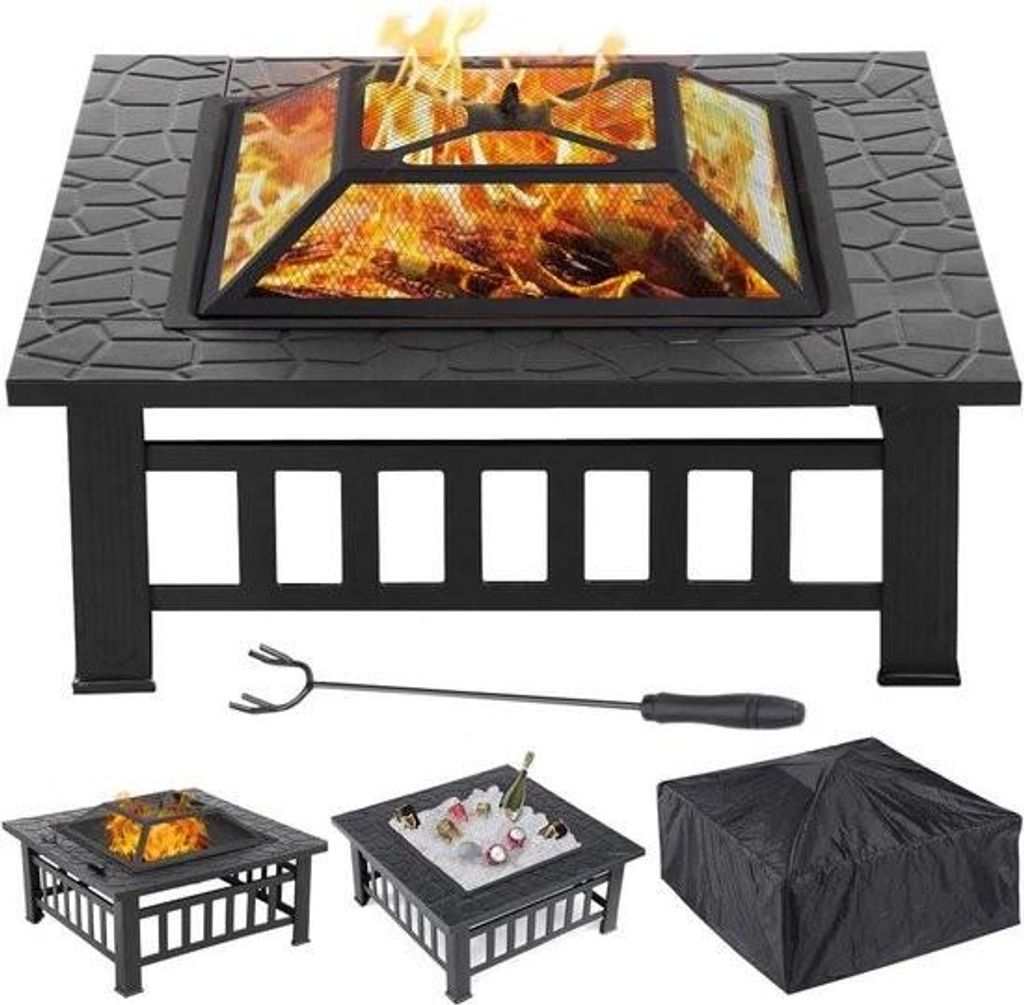 3-in-1 Gartenkamin 81 x 81 x 36,5 cm, Feuerschale eckig, Feuerkorb mit Abdeckung und Funkenschutzgitter, Feuerstelle für Terrasse, Tischkamin, Out...