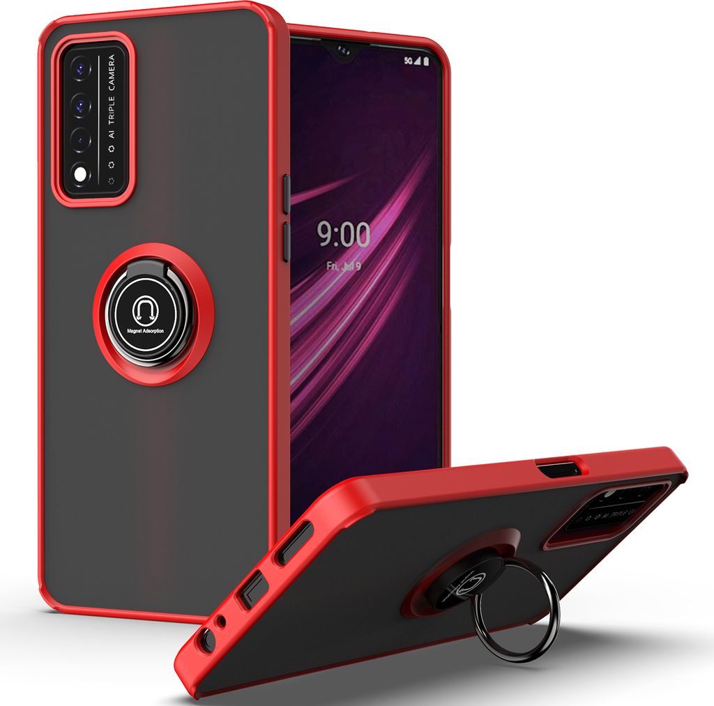 T-Mobile REVVL V+ 5G Hülle, Ring Halter Ständer Matte Transluzent TPU Rahmen Stoßfest Schutzhülle für T-Mobile REVVL V+ 5G Rot