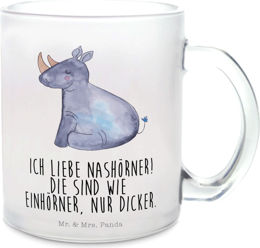 Mr. & Mrs. Panda Teetasse Glas Einhorn Nashorn - Transparent - Geschenk, Glitzer, Zoo, Tee Tasse, Trinkglas, Regenbogen, Häferl, Pott, Nashörner,...