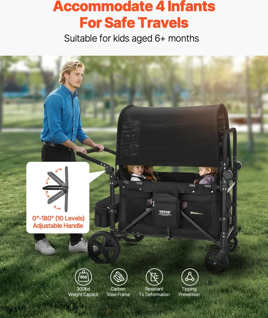 Grande poussette multiplace pliable pour 4 enfants avec canopy noir - 3