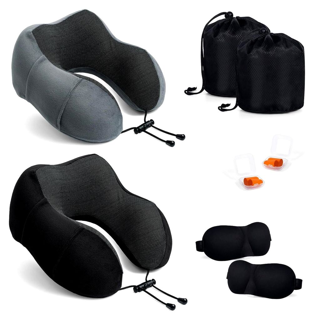 Nackenkissen Flugzeug, 2er Set Reisekissen Memory Foam, Ergonomisch Gestaltetes Nackenhörnchen, Reise Nackenkissen mit Schlafmaske, Ohrstöpsel, T...