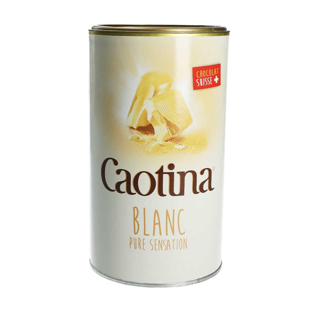 A can of Caotina Blanc white chocolate drink powder.