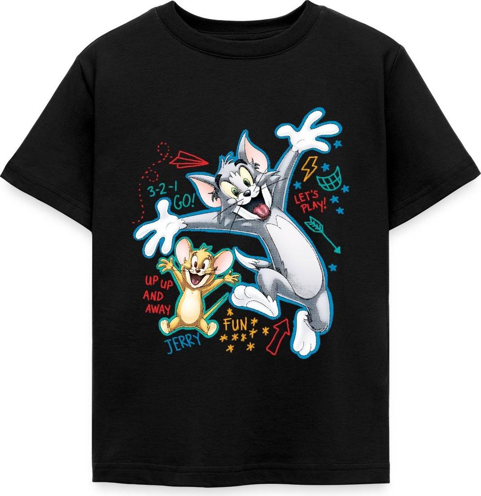 Spreadshirt Tom Und Jerry Play Time Kinder T-Shirt, 110/116 (5-6 Jahre), Schwarz