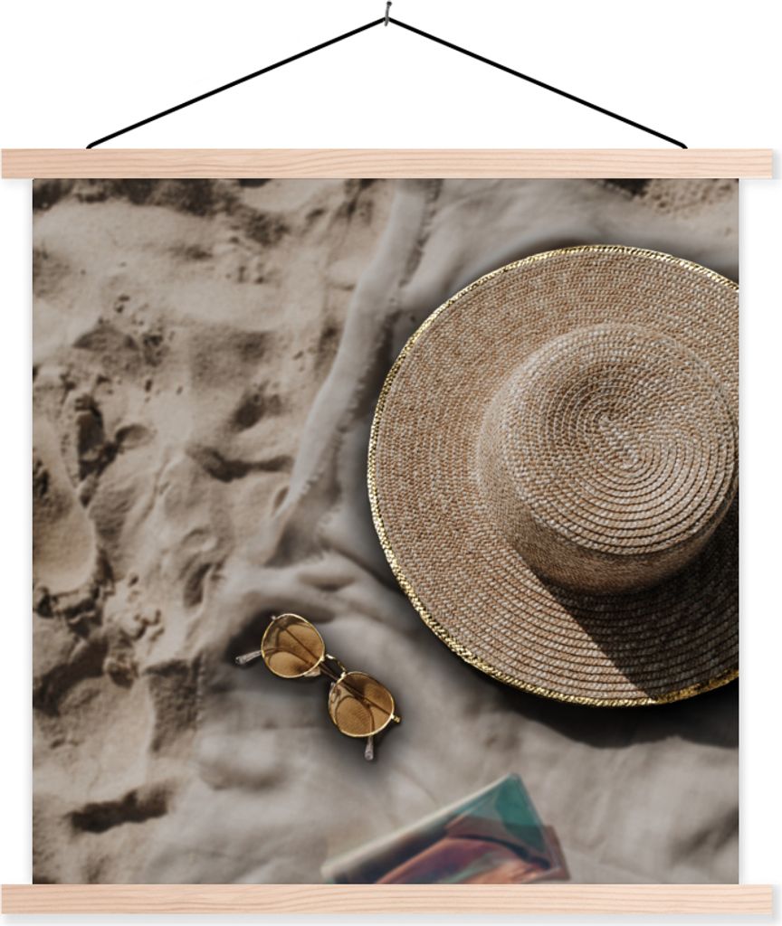 MuchoWow Textilposter Sommer - Strand - Sonnenbrille - Hut 120x120 cm mit holzfarbenen Rahmen - Textil-Poster
