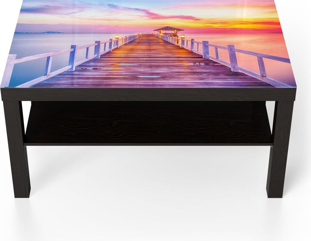 DEQORI Couchtisch 90x55 cm Schwarz 'Holzsteg bei Dämmerung' Glas Beistelltisch