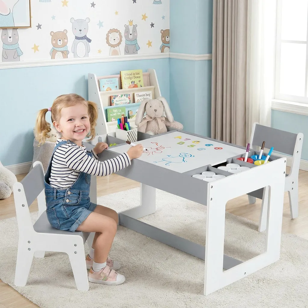 COSTWAY Table 3 en 1 Enfants avec 2 Chaises et Rangement Gris Modèle K12 - 9