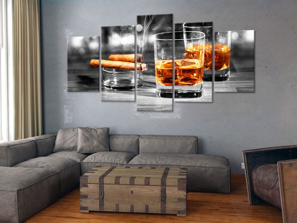 Akustikbild Zigarre und Whisky 200x100 cm Bilder Akustikschaum Hochleistungsschallabsorber Schallschutz Leinwand 5 tlg Wandbild Raumakustik Schalld...
